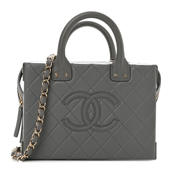 CHANEL Calfskin Quilted Studded Square Vanity Case Grey