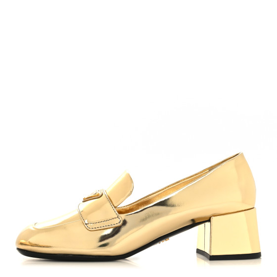 PRADA Metallic Patent Triangle 45mm Loafer Pumps 36 Platino