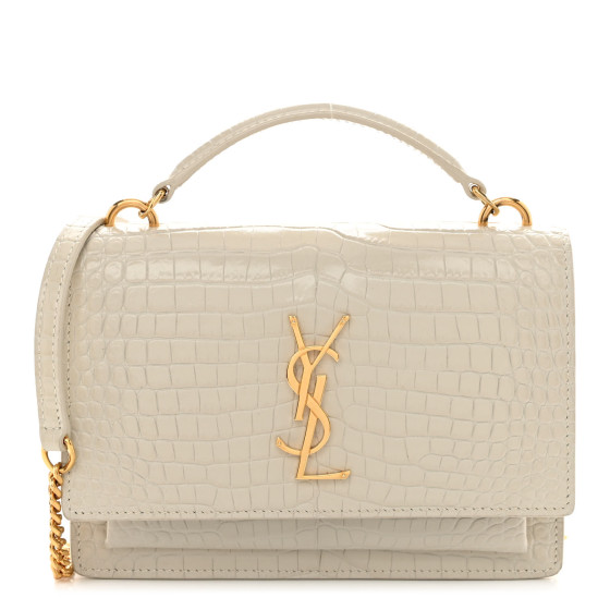 SAINT LAURENT Calfskin Crocodile Embossed Monogram Sunset Chain Wallet Blanc Vintage