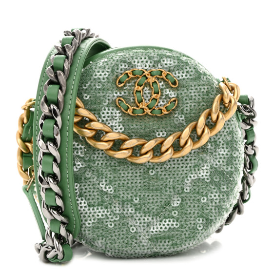 CHANEL Sequin Chanel 19 Round Clutch With Chain Green