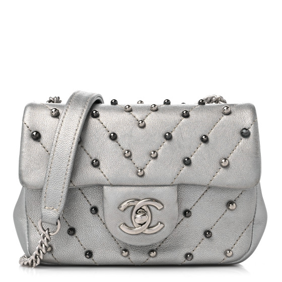 CHANEL Metallic Lambskin Chevron Quilted Studded Extra Mini Flap Silver