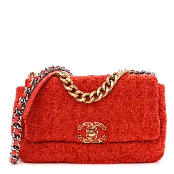 CHANEL Tweed Quilted Medium Chanel 19 Flap Red