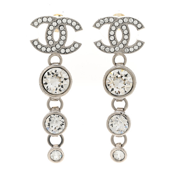 CHANEL Crystal CC Drop Earrings Silver