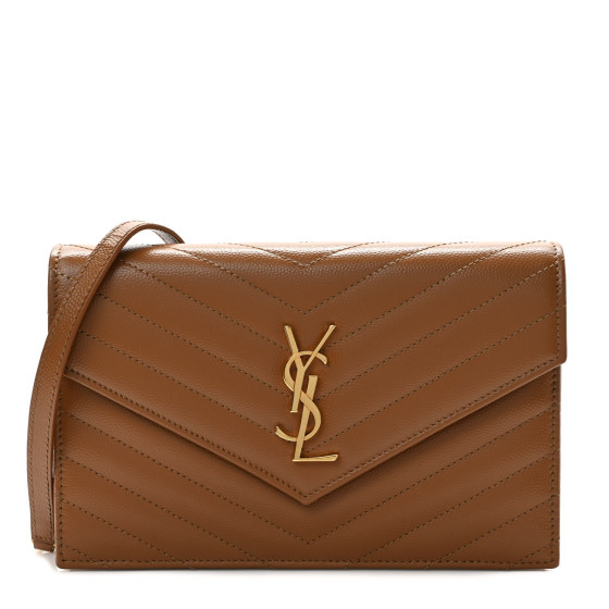 SAINT LAURENT Grain De Poudre Matelasse Chevron Monogram Envelope Chain Wallet Natural Dark