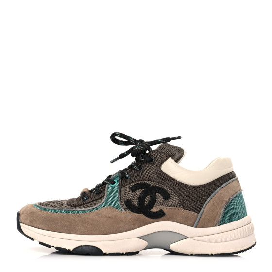 CHANEL Nylon Calfskin Suede Womens CC Sneakers 40.5 Brown Green