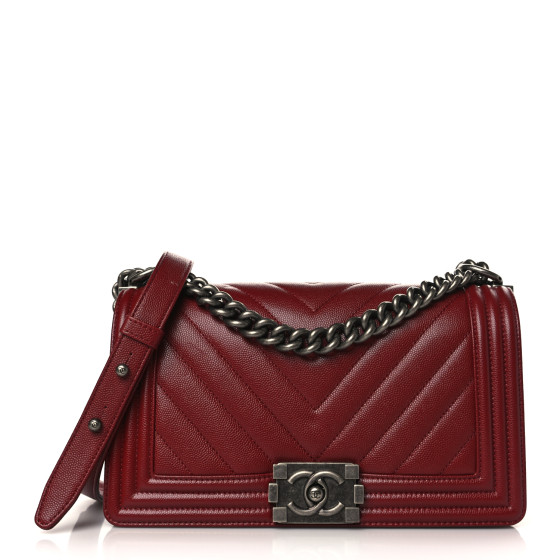 CHANEL Caviar Chevron Quilted Medium Boy Flap Red