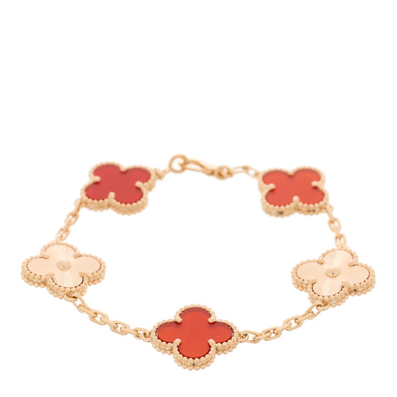 VAN CLEEF & ARPELS 18K Rose Gold Carnelian 5 Motifs Guilloche Vintage Alhambra Bracelet