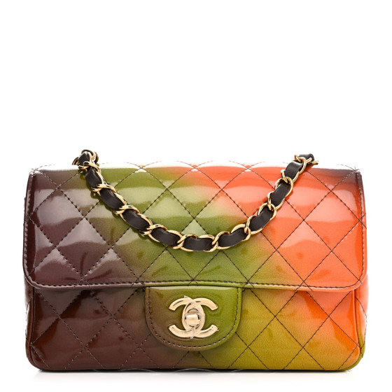 CHANEL Shaded Patent Calfskin Quilted Mini Rectangular Flap Green Orange Dark Brown