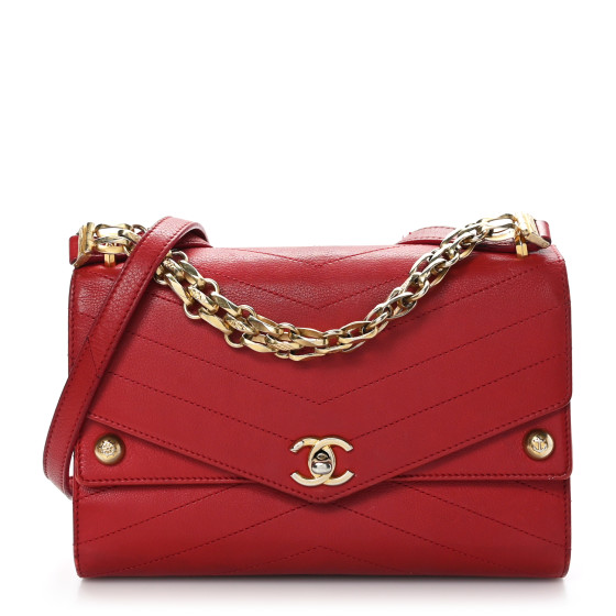 CHANEL Calfskin Chevron Quilted Casual Trip Flap Red