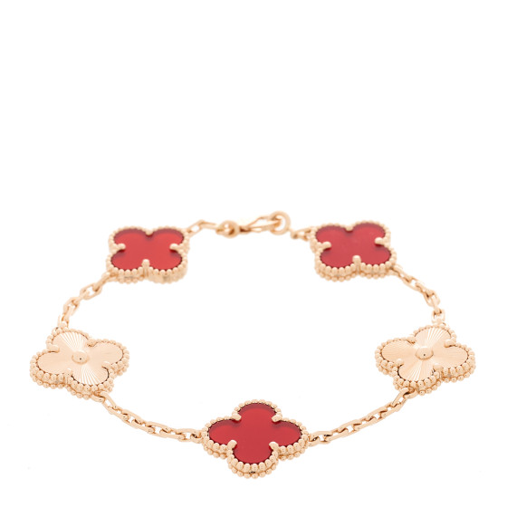 VAN CLEEF & ARPELS 18K Rose Gold Carnelian 5 Motifs Guilloche Vintage Alhambra Bracelet