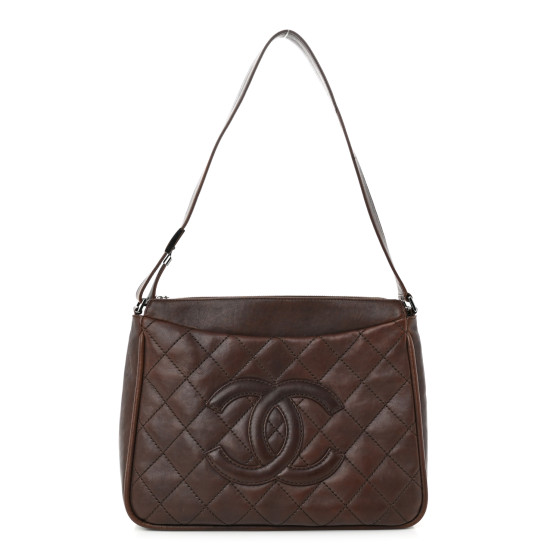 CHANEL Calfskin Quilted CC Shoulder Bag Dark Brown