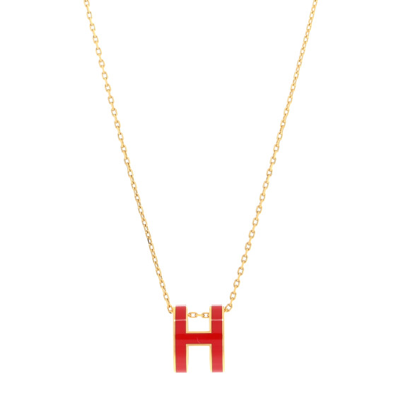 HERMES Lacquered Gold Pop H Pendant Necklace Rouge Vif